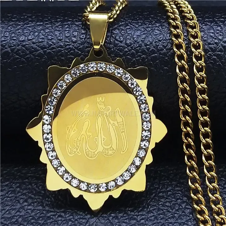 Chic Gold Plated Stainless Steel Arabic Calligraphy Pendant Necklace With Zircon