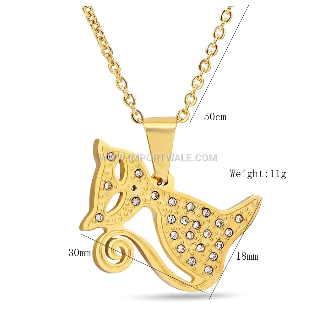 Playful Stainless Steel Rhinestone Cat Pendant Necklace