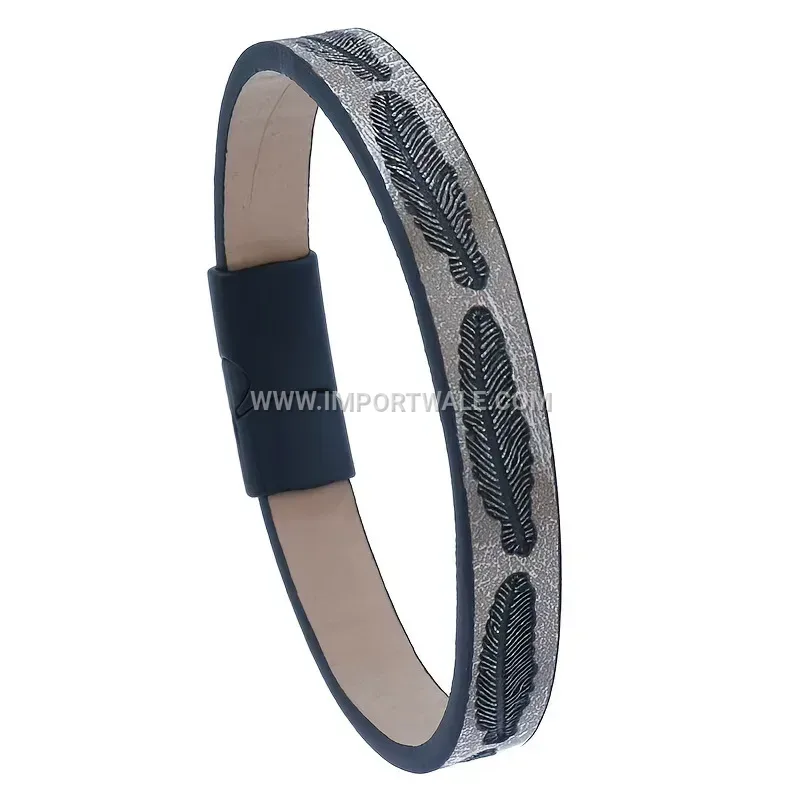Retro Feather Print Leather Cuff Bracelet with Geometric Accent
