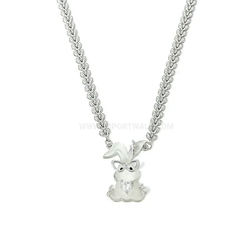Frosted Steel Rabbit Pendant Sweater Chain Necklace