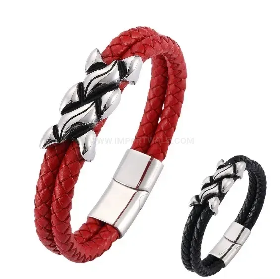 Woven Leather Magnetic Clasp Bracelet with Stainless Steel Detail