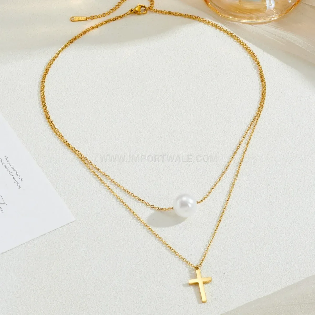 Designer Gold Stainless Steel Layered Cross and Pearl Pendant Necklace