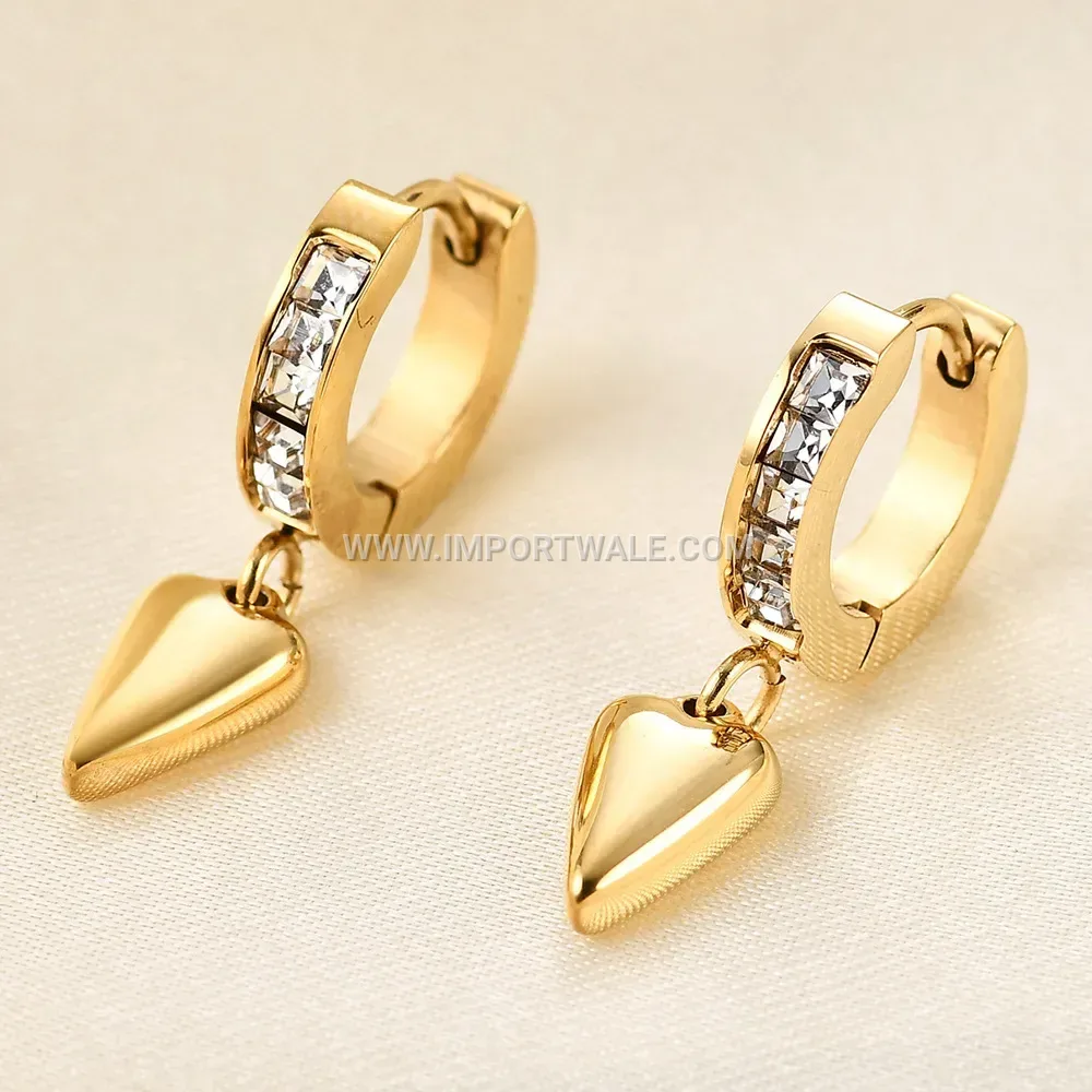 Gold Plated Stainless Steel Heart Pendant Earrings With Cubic Zirconia