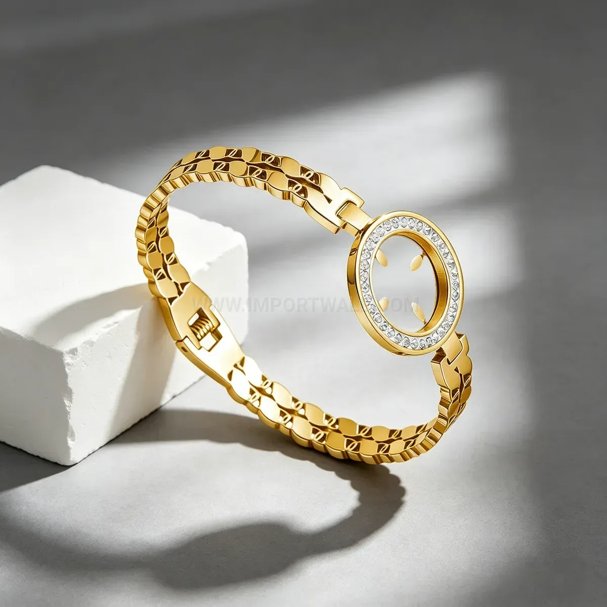 Premium Vintage Cutout Stainless Steel Rhinestone Bangle Bracelet