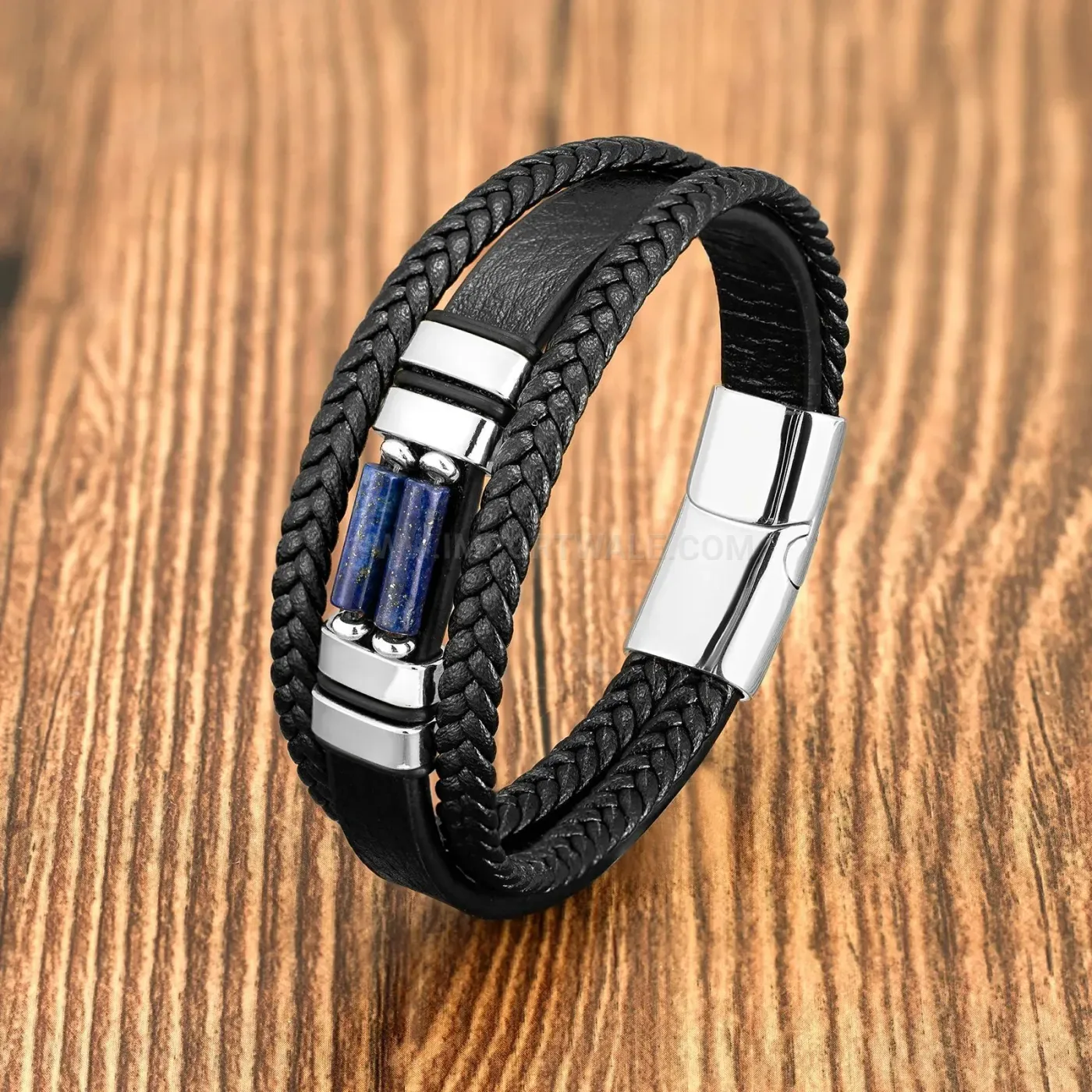 Vintage Braided Leather Stone Bracelet with Geometric Stainless Steel Clasp