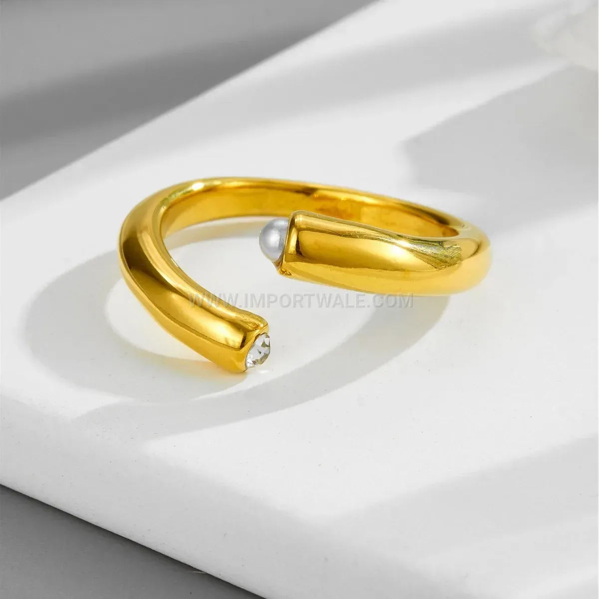 Gold Plated Titanium Steel Pearl and Rhinestone Open Ring