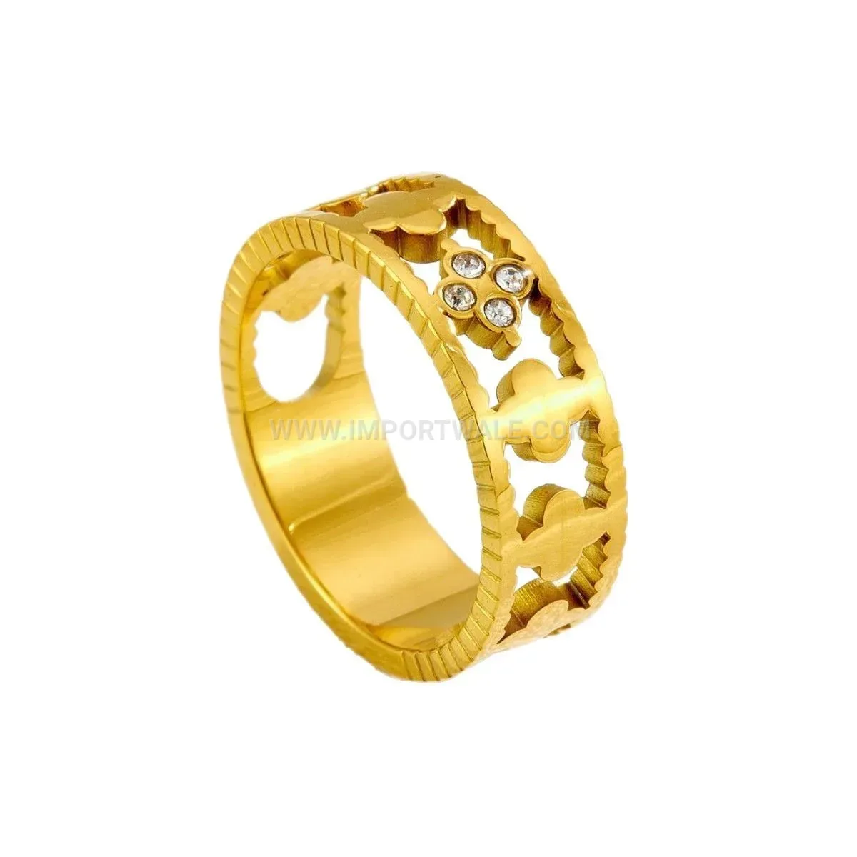 Gold Titanium Steel Floral Cubic Zirconia Hollow Four Leaf Clover Ring