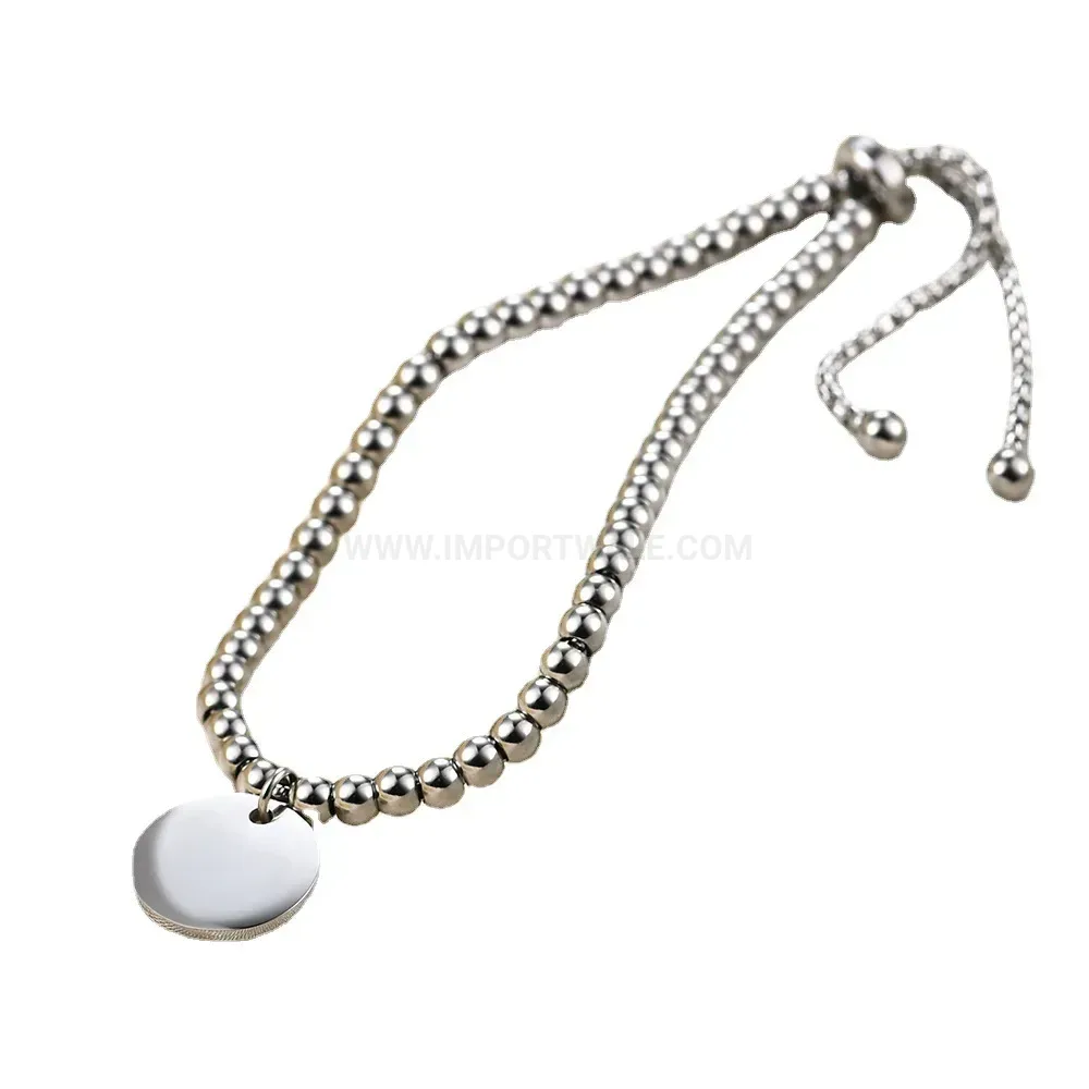 Classic Adjustable Stainless Steel Beaded Chain Bracelet with Engraved Disc