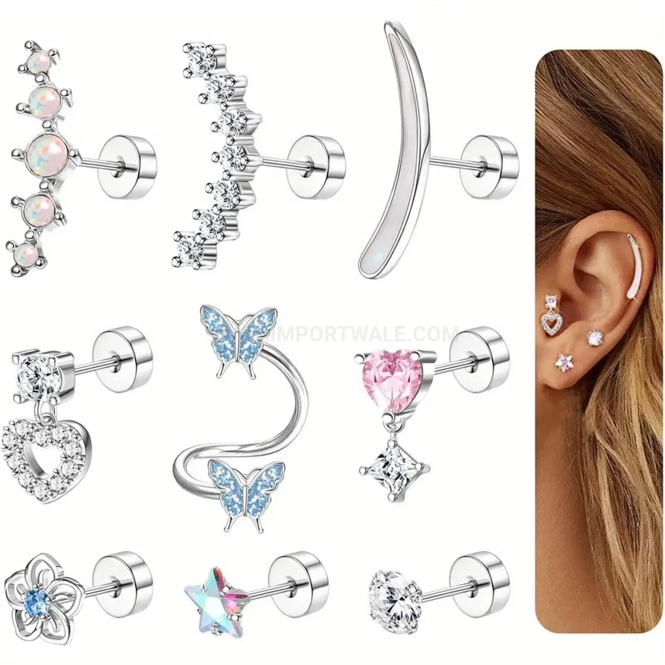 Chic Curved Pavé Butterfly and Heart Stainless Steel Piercing Stud Set