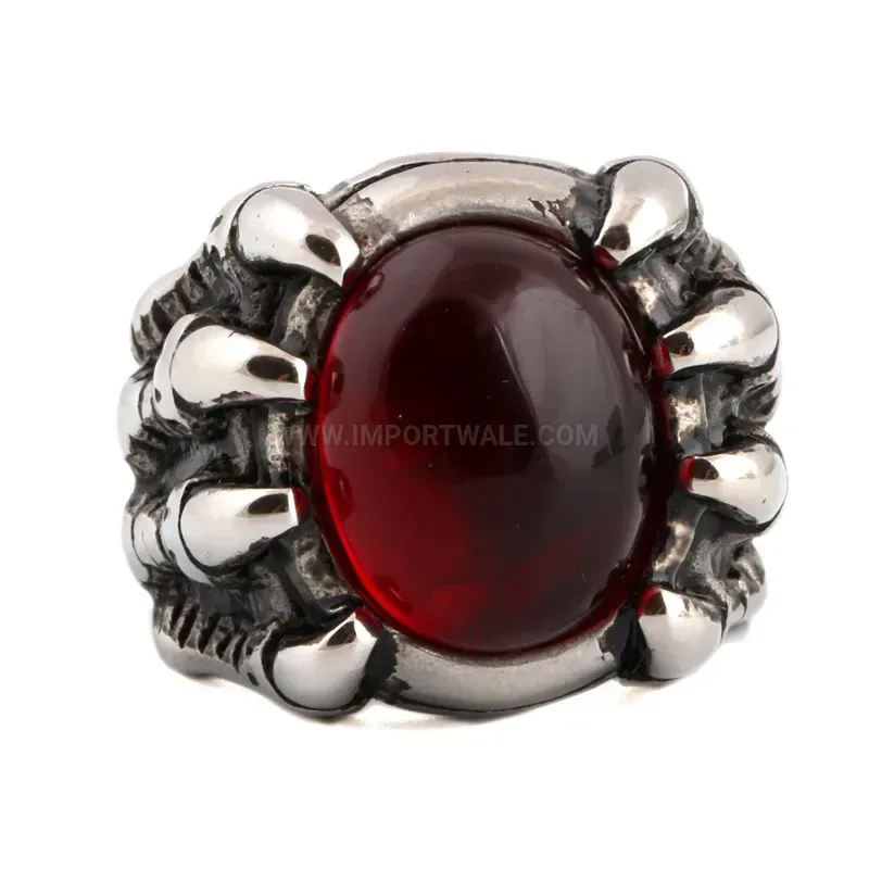 Bold Gothic Claw Titanium Steel Ring Set with Red Gemstone