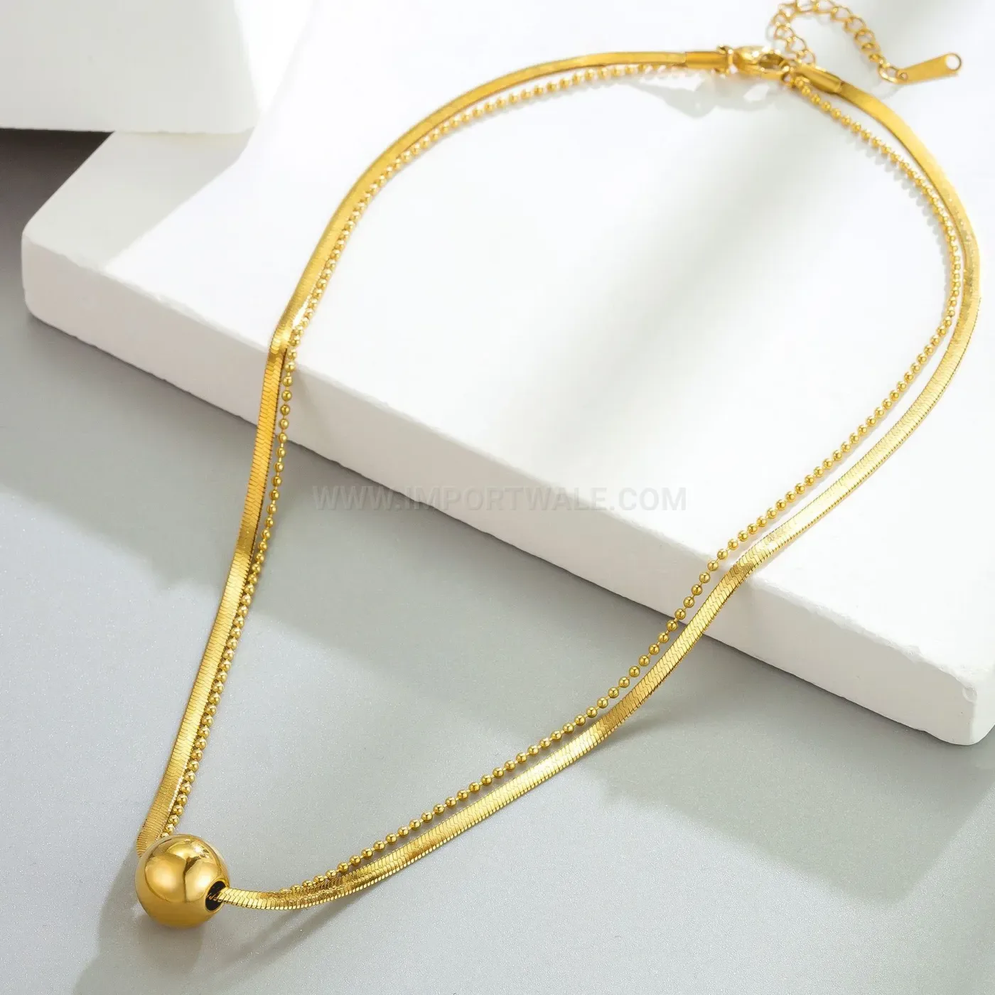 Chic Gold Plated Titanium Steel Layered Cuban Chain Necklace with Bead Accent