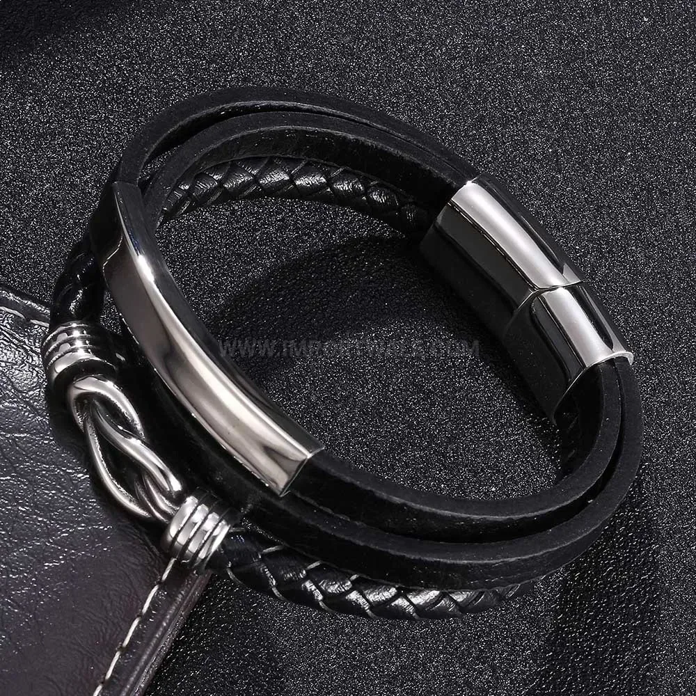 Multi-Strand Black Leather Cuff Bracelet with Plated Stainless Clasp
