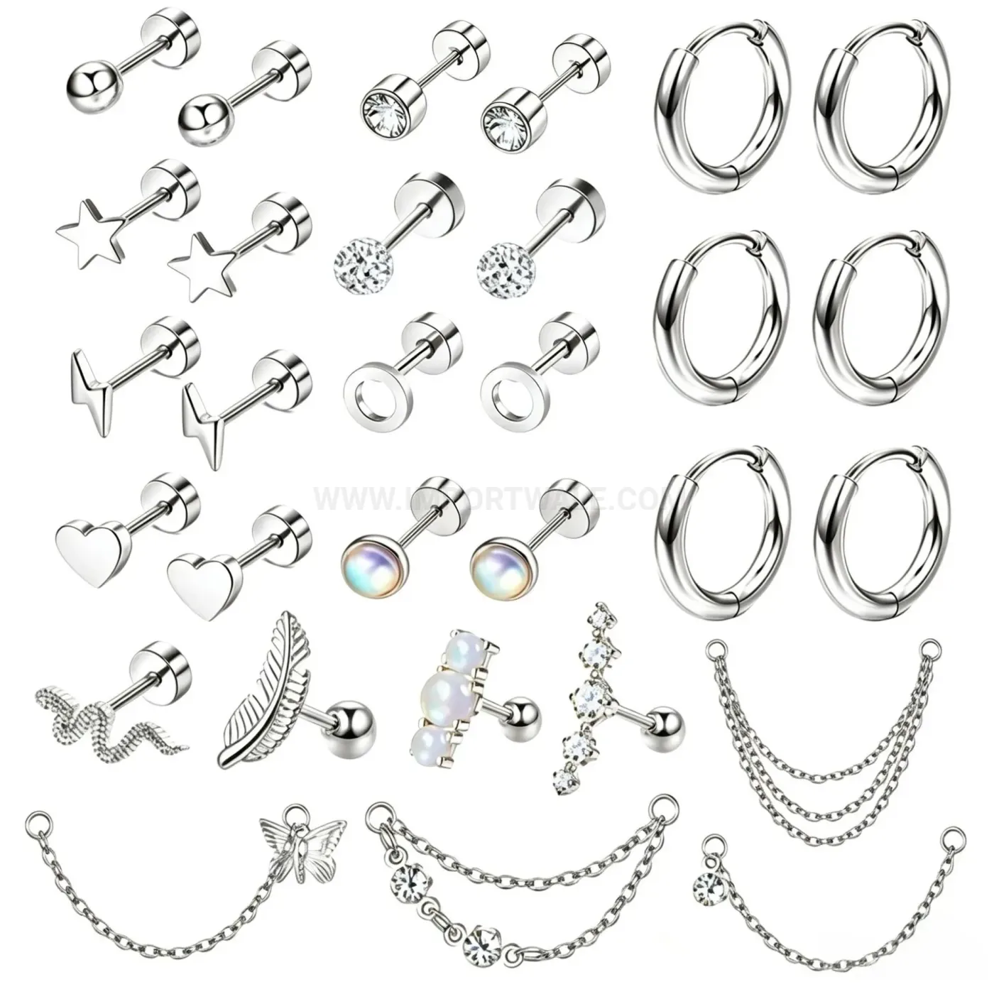Bold Graceful Feather Chain Stainless Steel Piercing Huggie Earring Set