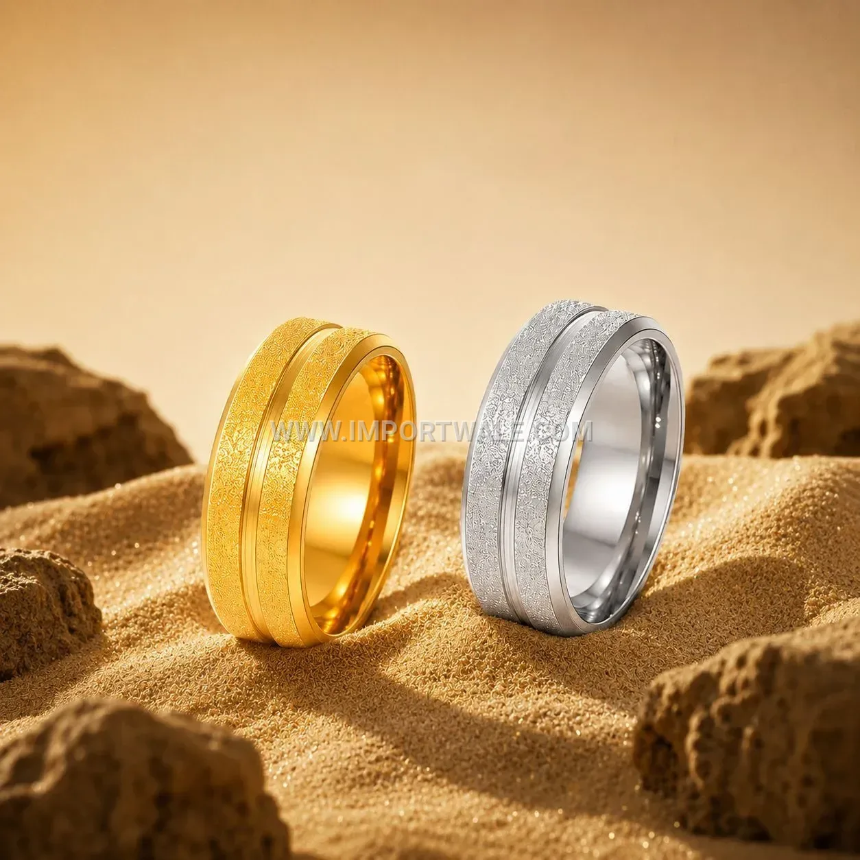 Frosted Grooved Stainless Steel Plated Band Ring 8mm