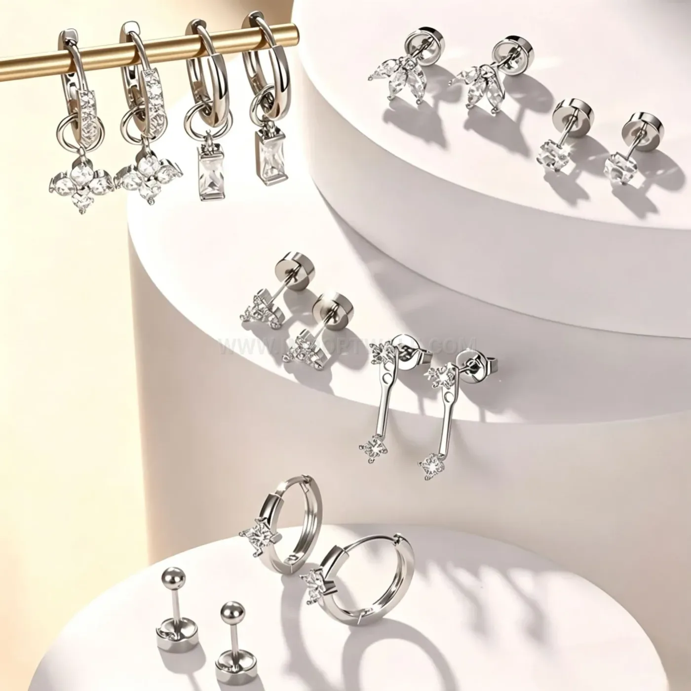 Designer Stainless Steel Geometric Dangle Ear Cartilage Piercing Stud Set