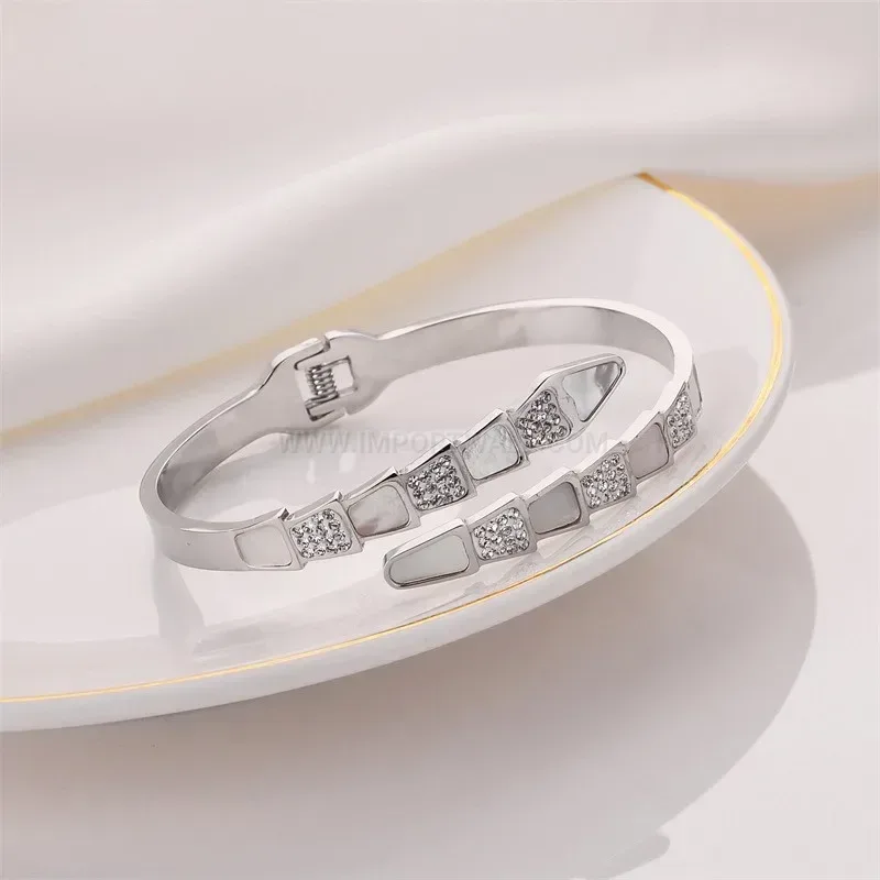 Classic White Shell and Rhinestone Titanium Steel Open Cuff Bangle