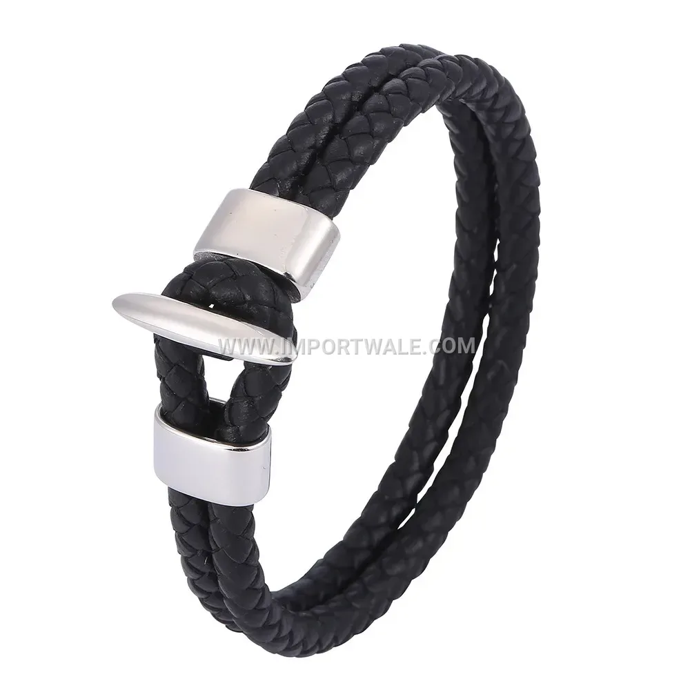 Double Strand Woven Leather Stainless Steel Clasp Bracelet