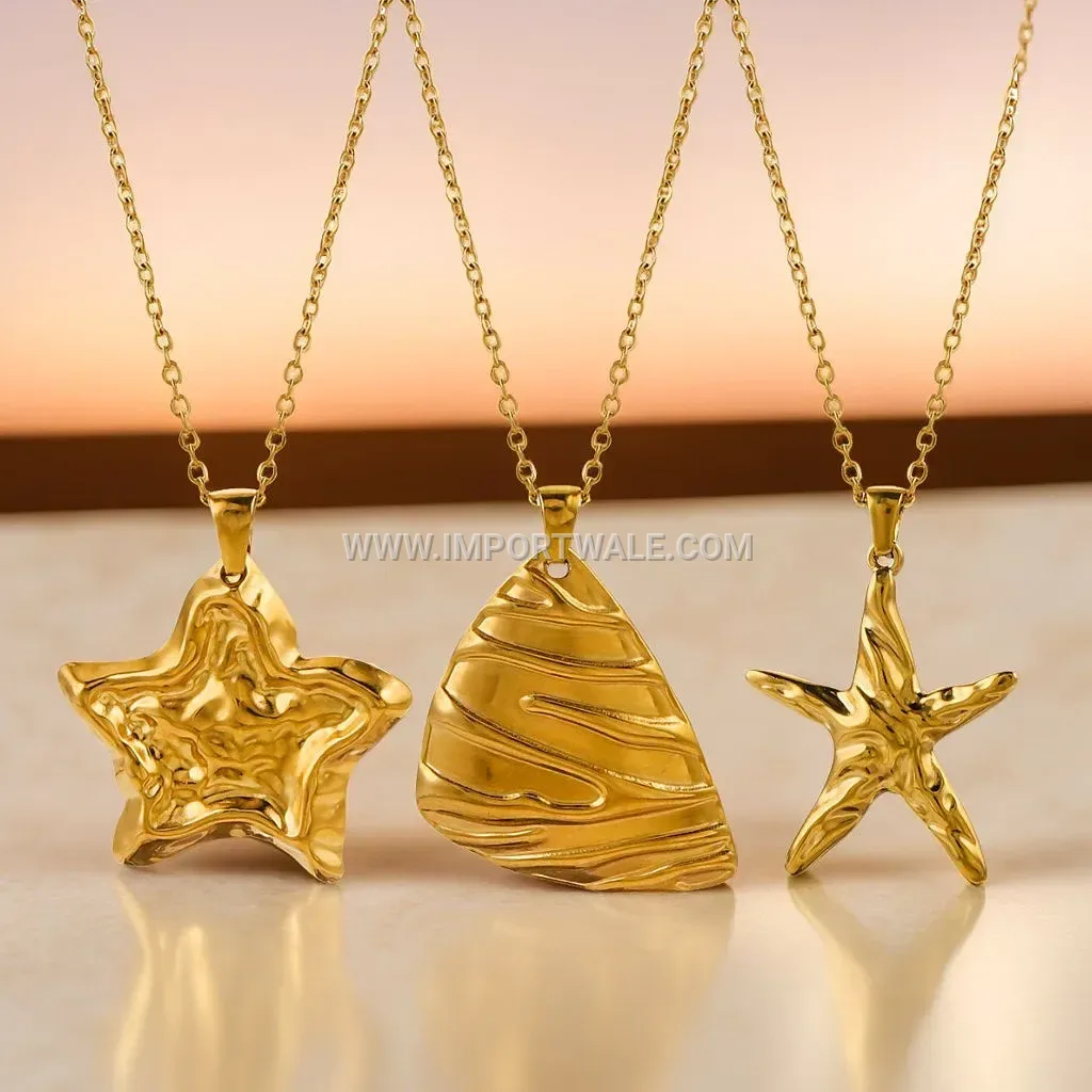 Embossed Shell Pendant Gold Plated Stainless Steel Necklace