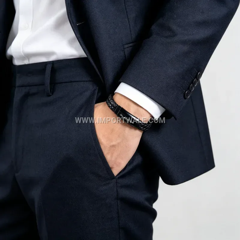 Men's Business Leather Woven Bracelet With Stainless Steel Magnetic Clasp