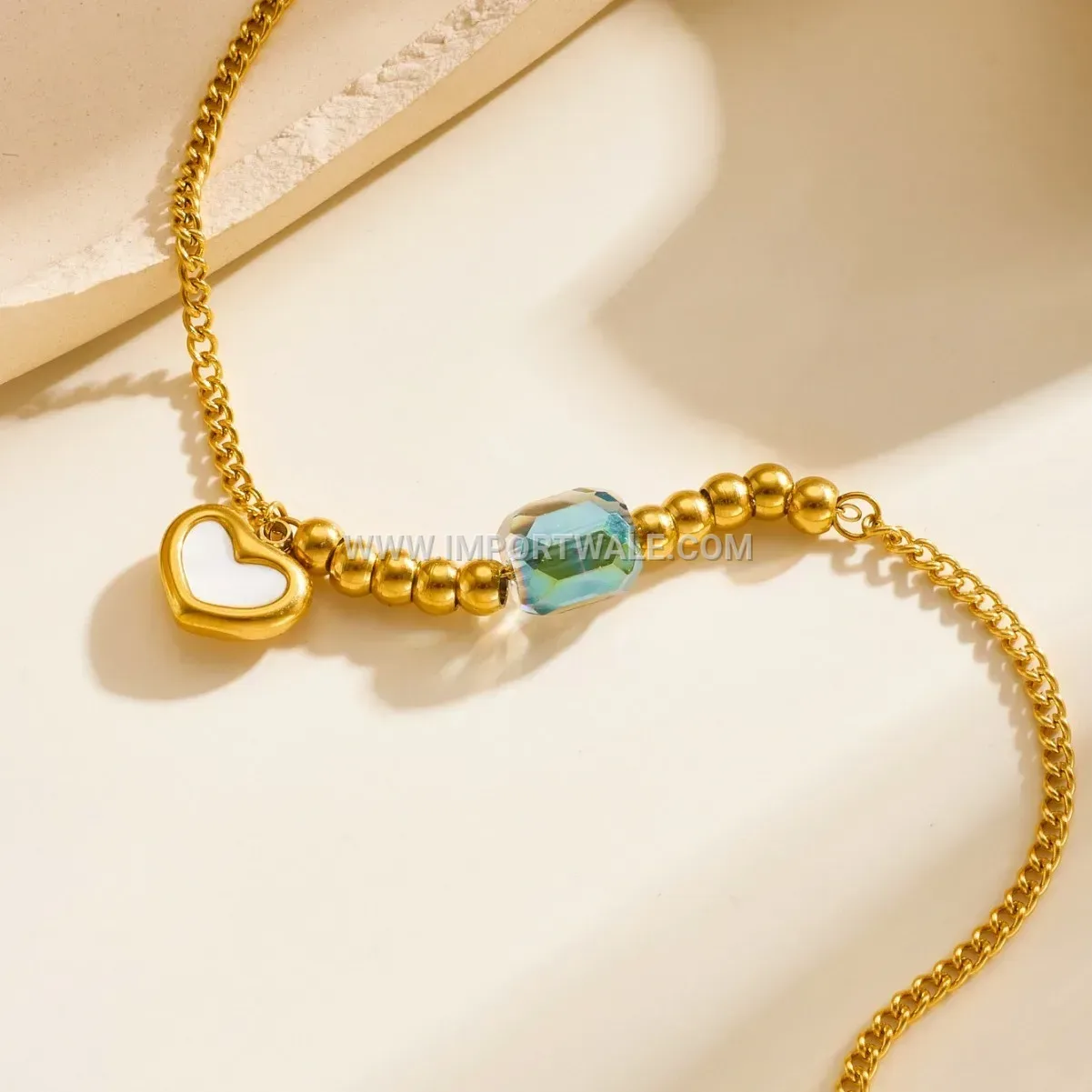 Beaded Heart Enamel Stainless Steel Charm Anklet