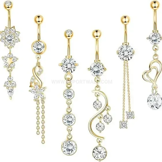 Elegant Stainless Steel Sparkling Zircon Tassel Belly Button Piercing Set