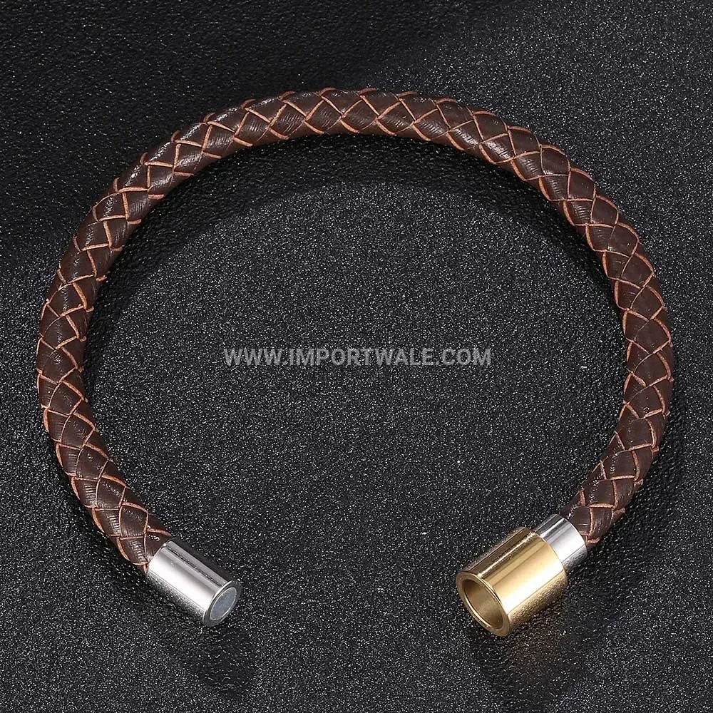 Two-Tone Stainless Steel and Braided Leather Coded Wrap Bracelet