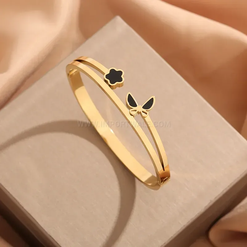 Floral Butterfly Motif Titanium Steel Bangle