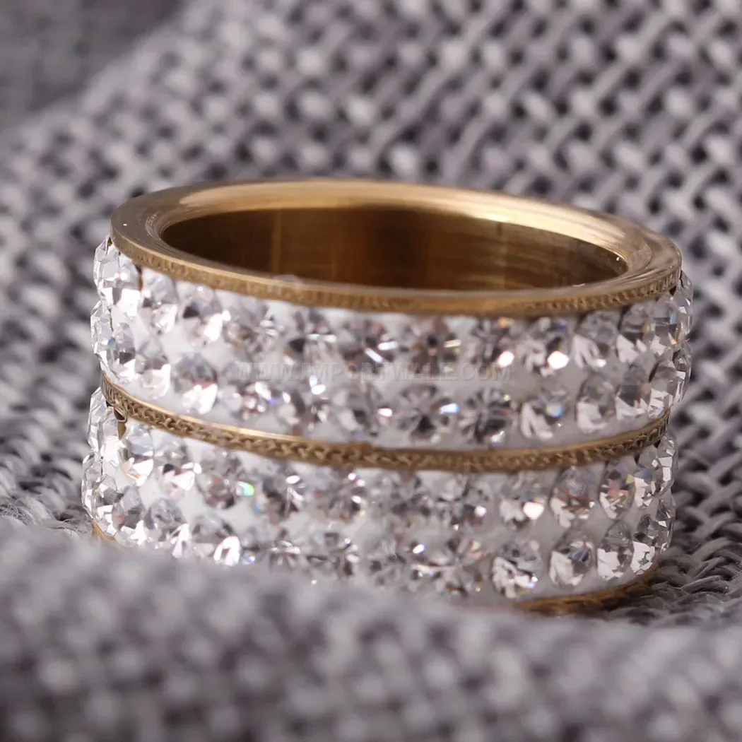 Double Row Rhinestone Wide Stainless Steel Band Ring