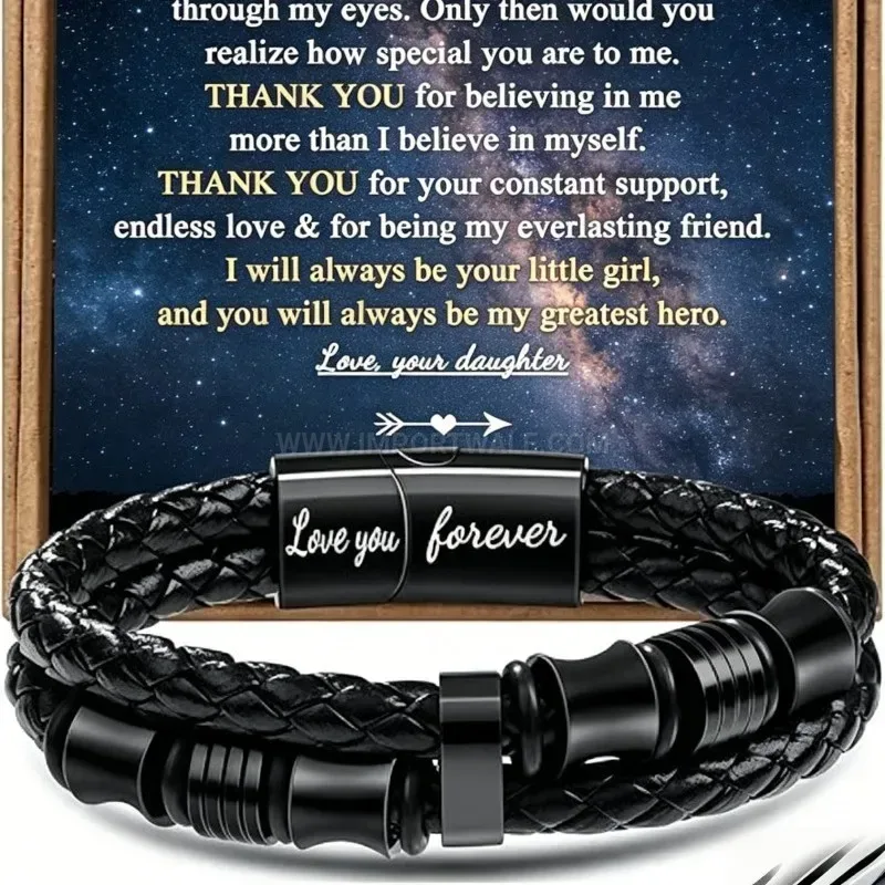 Premium Men Woven Leather Magnetic Bracelet With Engraved Sentiment Card