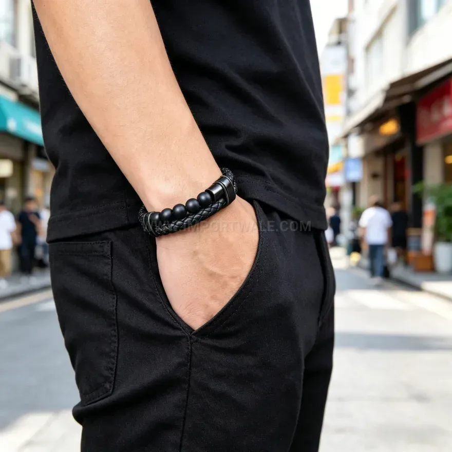 Chic Multi Layer Woven Leather Bracelet with Natural Lava Stone Beads