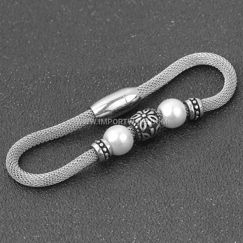 Stainless Steel Mesh Chain Pearl Accent Bracelet