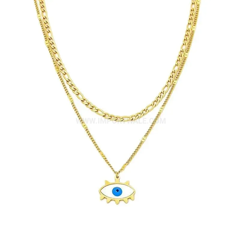 Chic Double Layered Gold Tone Titanium Steel Evil Eye Chain Necklace