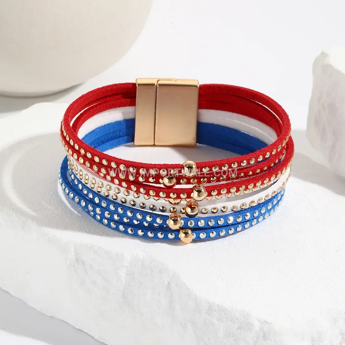 Tricolor Faux Leather Studded Wrap Bracelet with Magnetic Clasp