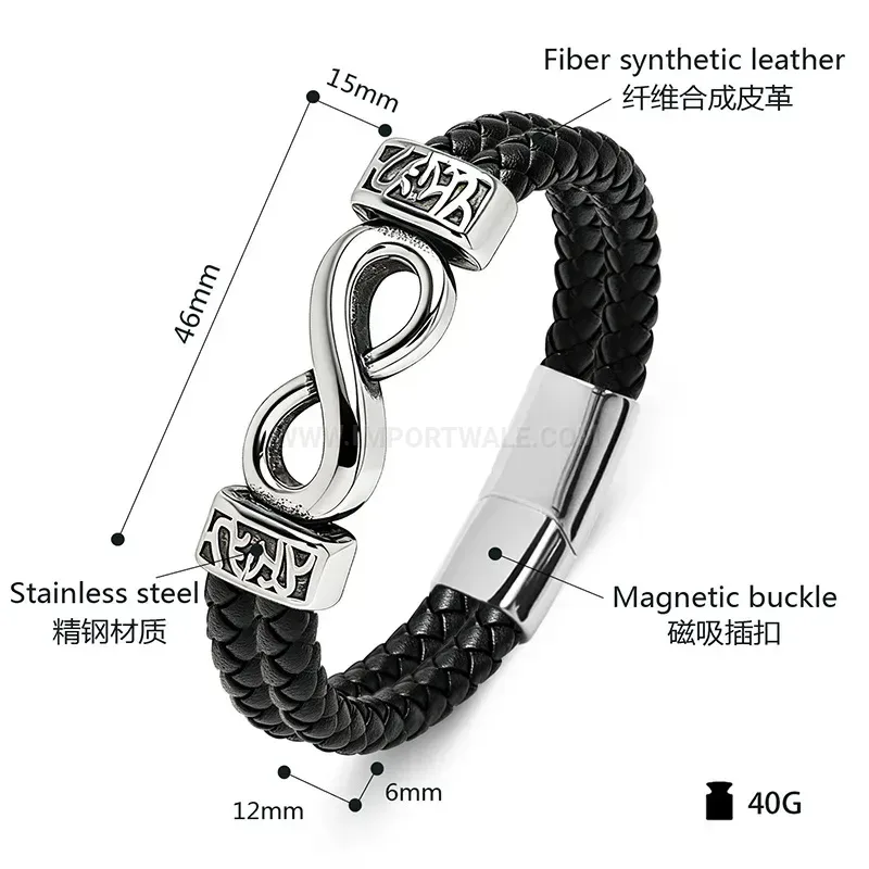 Bold Infinity Symbol Stainless Steel Leather Braided Men Wristband