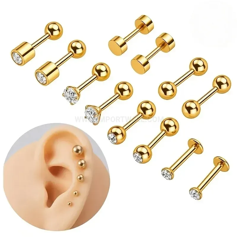 Stylish Minimalist Stainless Steel Rhinestone Bar Piercing Ear Stud Set