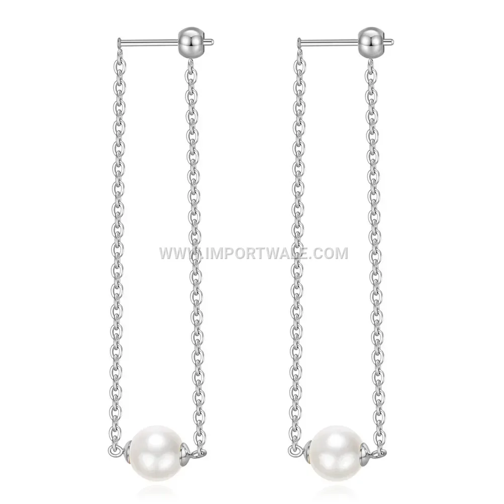 Minimalist Stainless Steel Long Chain Tassel Earrings with Pearl Accent