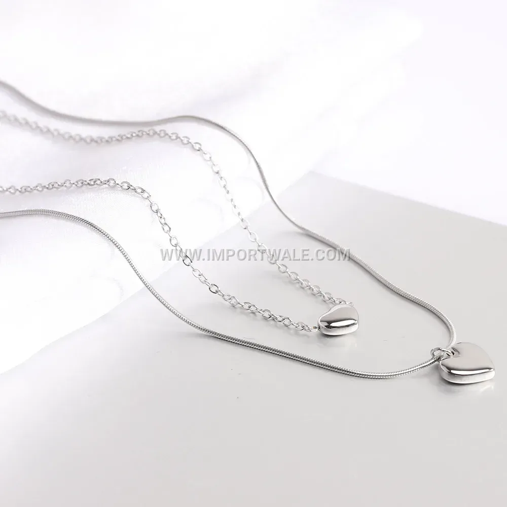Double Layer Stainless Steel Heart Pendant Choker Necklace