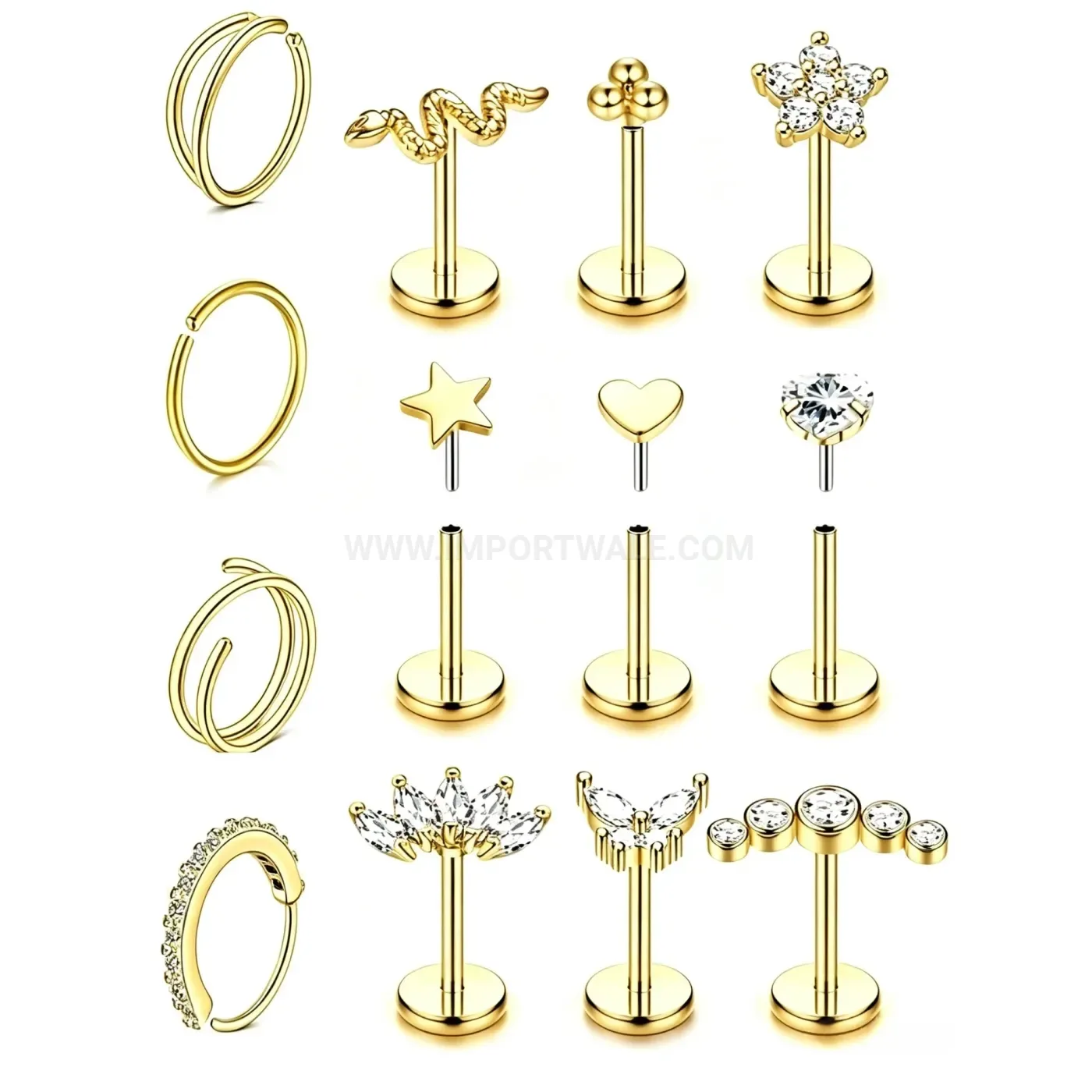 Designer Versatile Straight Bar Nose Ring and Lip Stud Piercing Set