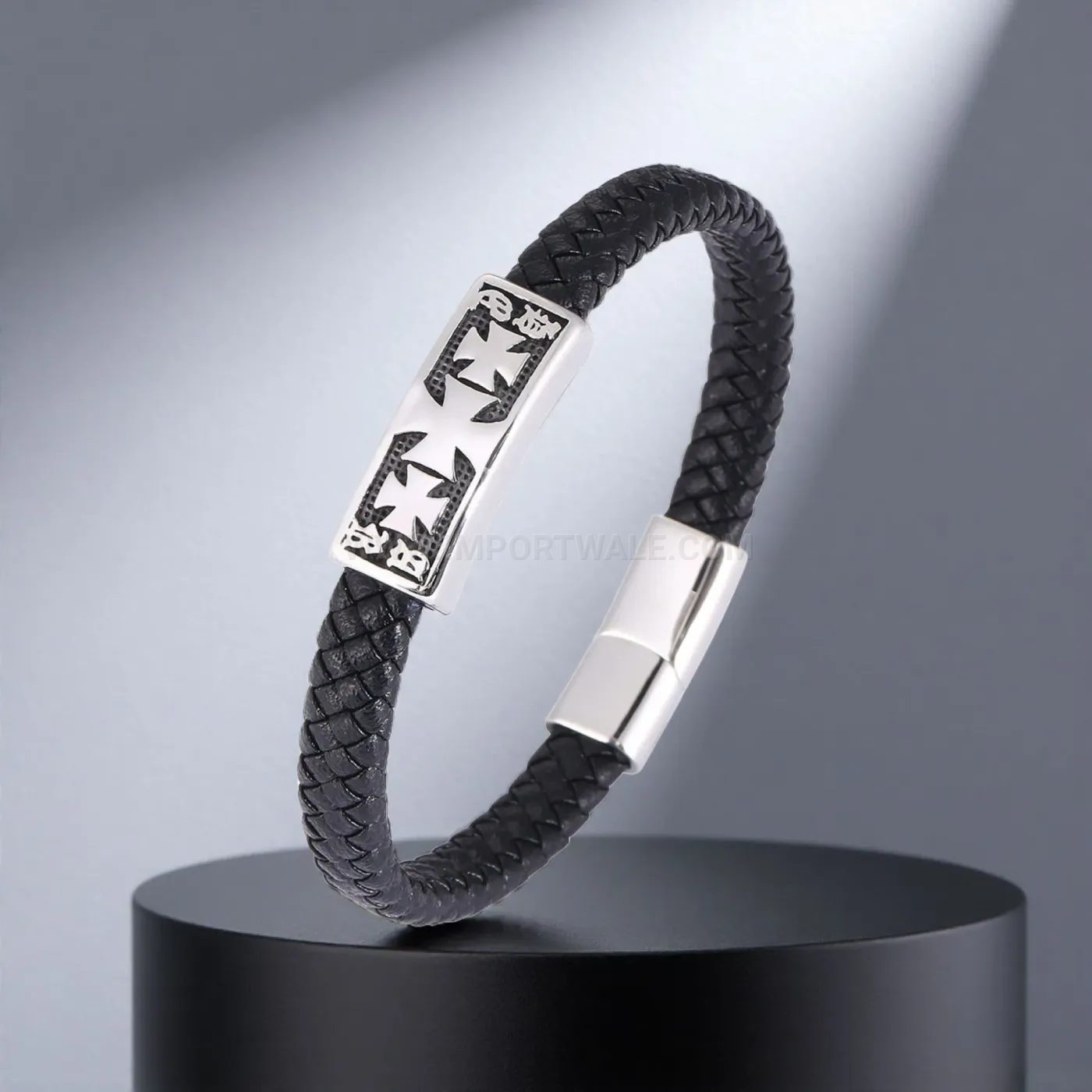 Designer Braided Leather Steel Cross Bracelet