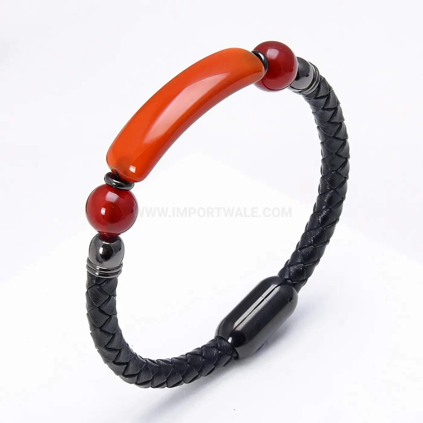 Woven Leather Stone Bracelet with Stainless Steel Clasp