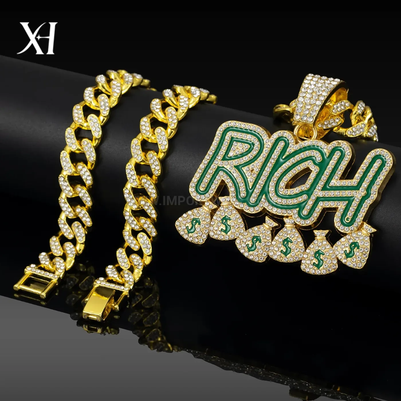 Iced Out RICH Letter Hip Hop Pendant Cuban Chain
