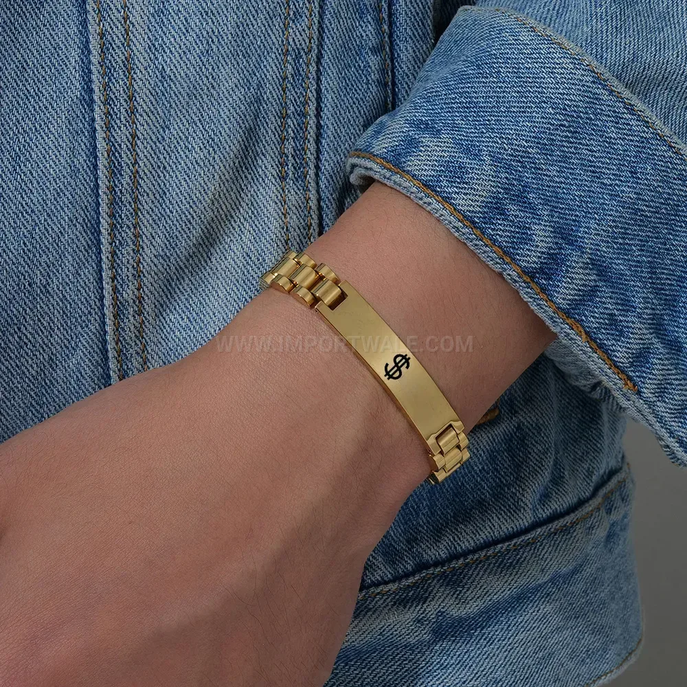Men's Stainless Steel Laser Engraved Dollar Sign Watch Band Bracelet