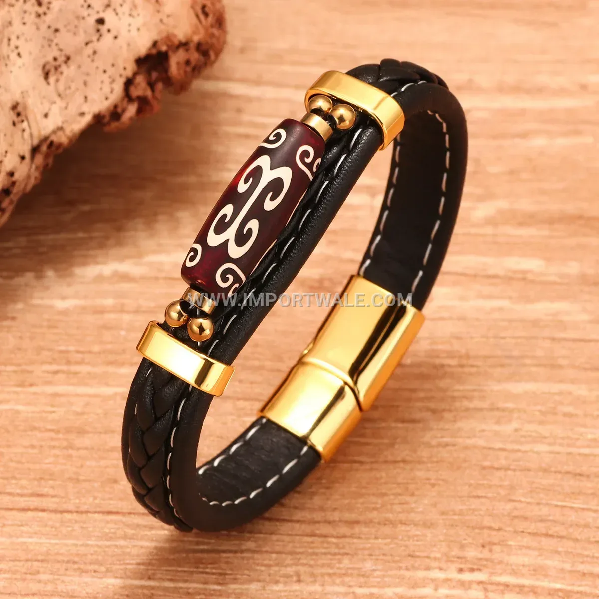 Woven Leather Dzi Bead Bracelet with Magnetic Clasp