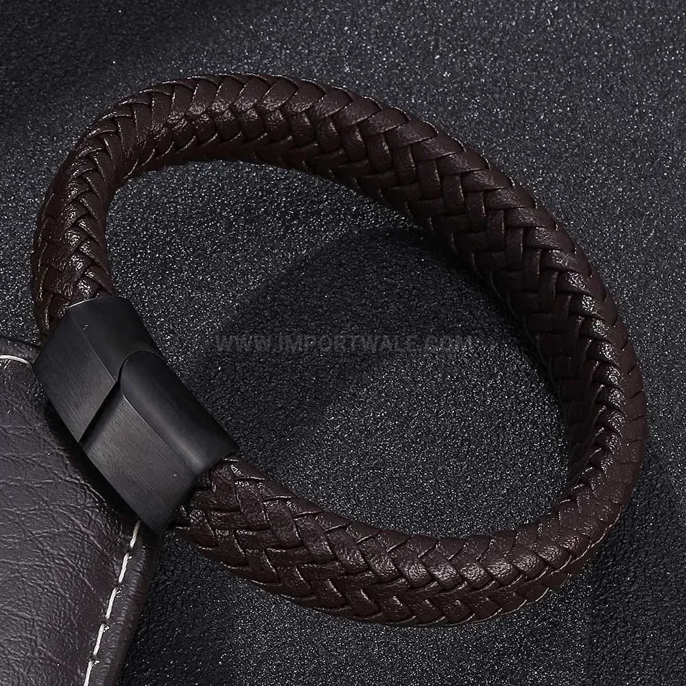 Braided Leather Cuff Bracelet with Sleek Stainless Steel Accents
