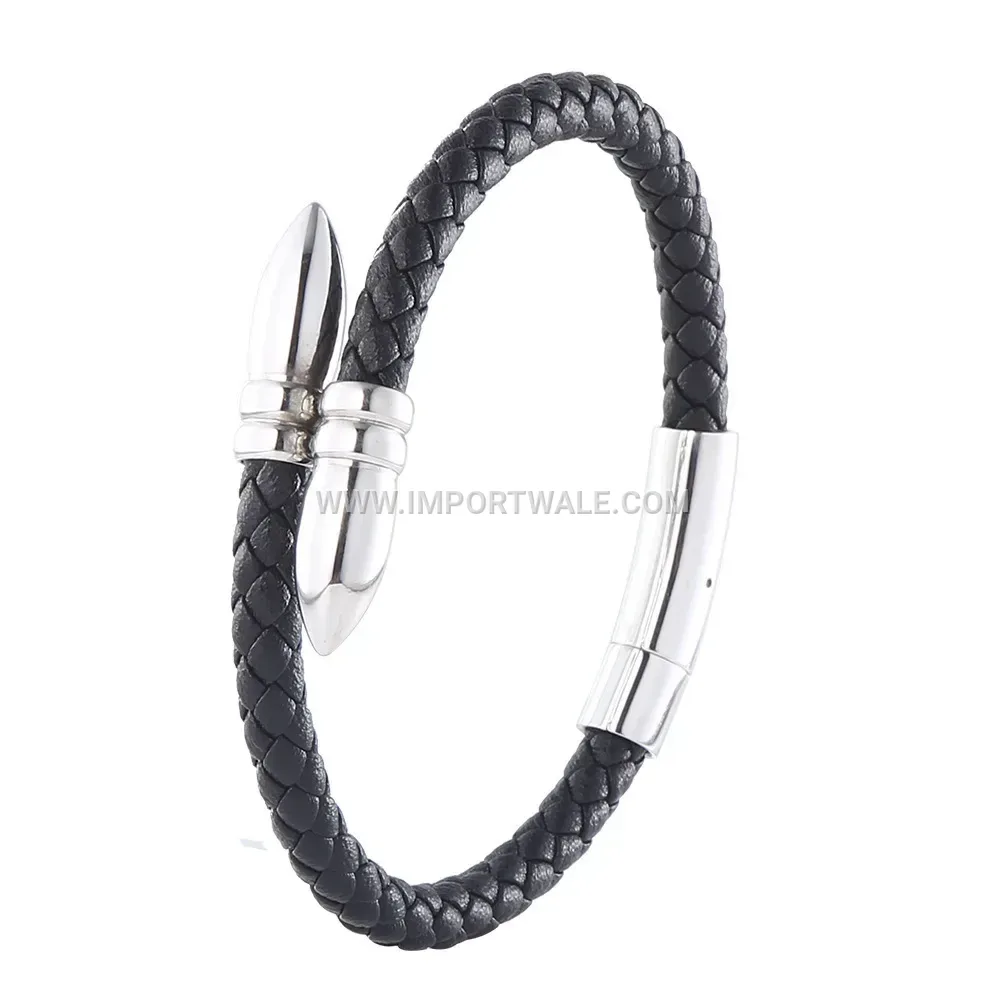 Woven Leather Bracelet with Stainless Steel Bullet Accent