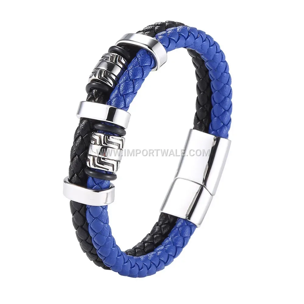 Two-Tone Woven Leather Bracelet with Stainless Steel Magnetic Clasp