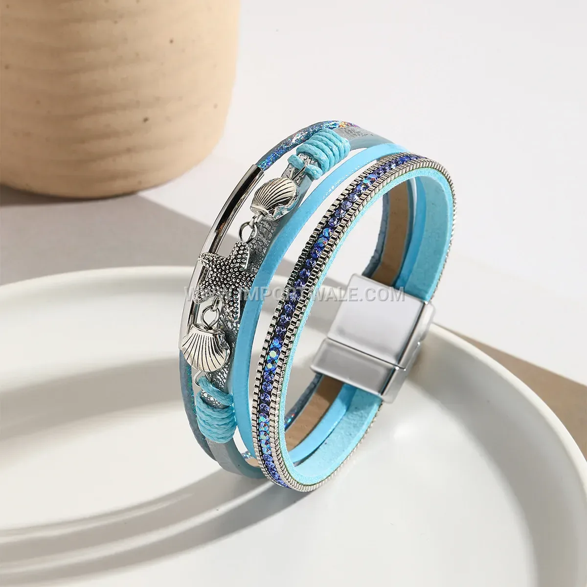 Handcrafted Starfish And Shell Woven Leather Bangle