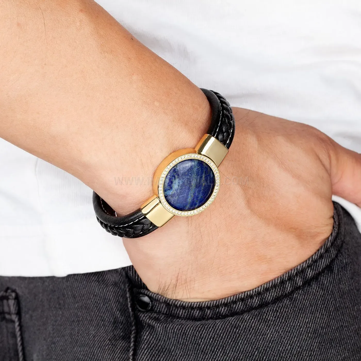 Vintage Leather Stone Bracelet with Zircon Inlay and Stainless Clasp