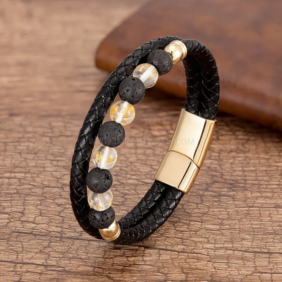 Woven Leather Stone Bead Wristband with Stainless Steel Closure