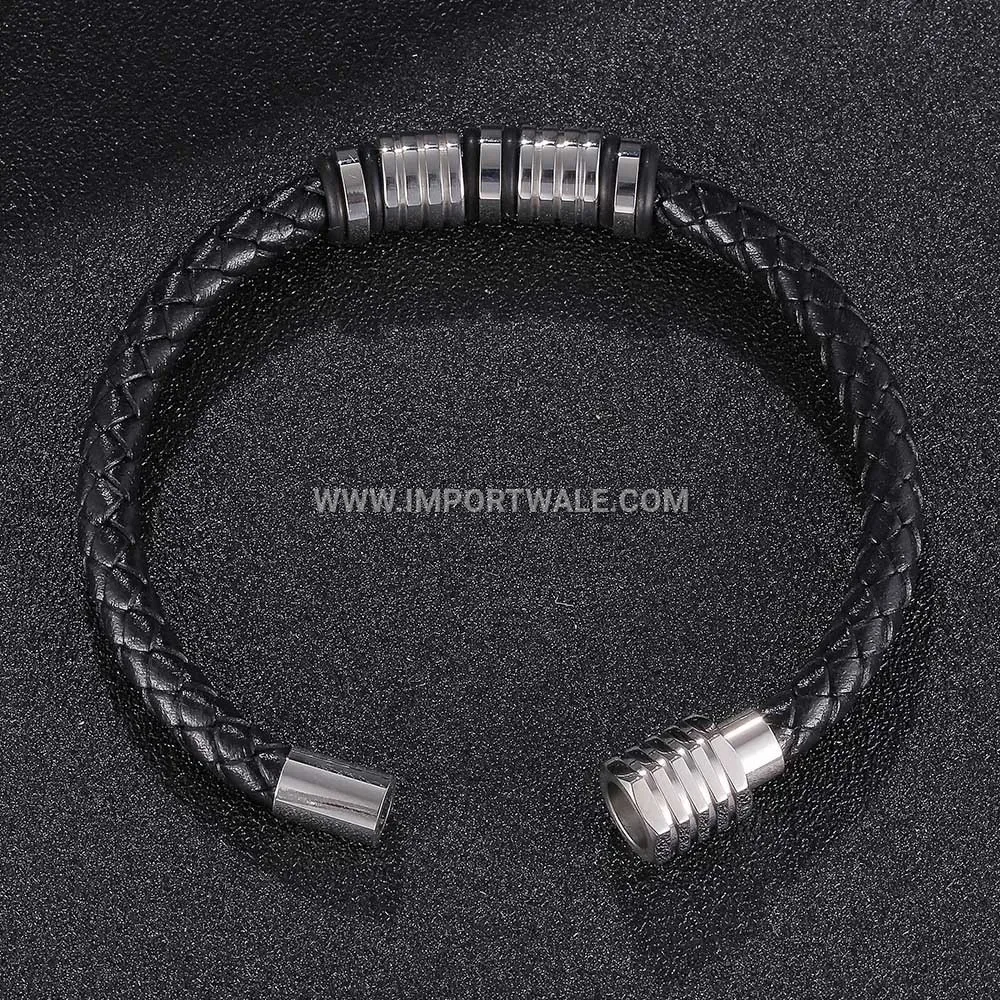 Minimalist Woven Leather and Stainless Steel Beaded Wristband